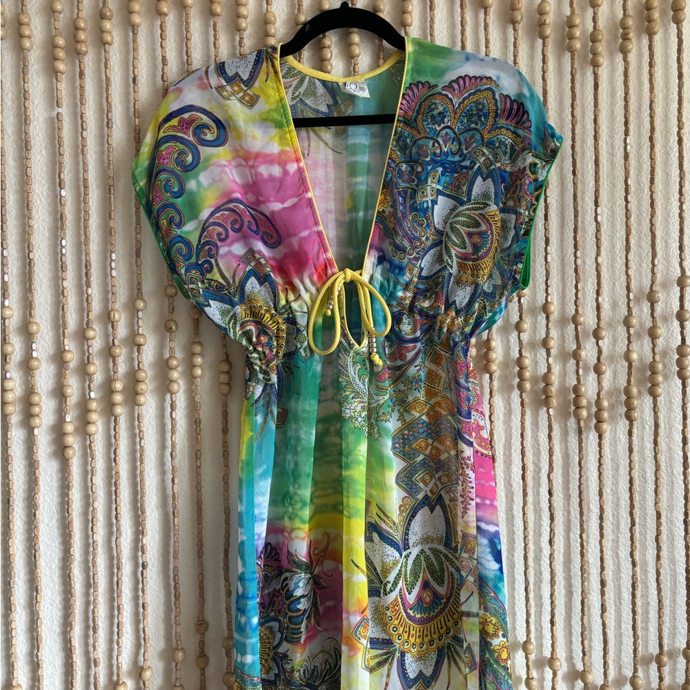 Vintage Y2K Tie Dye V Neck Empire Babydoll Paisley Boho Mermaid Beach Tunic